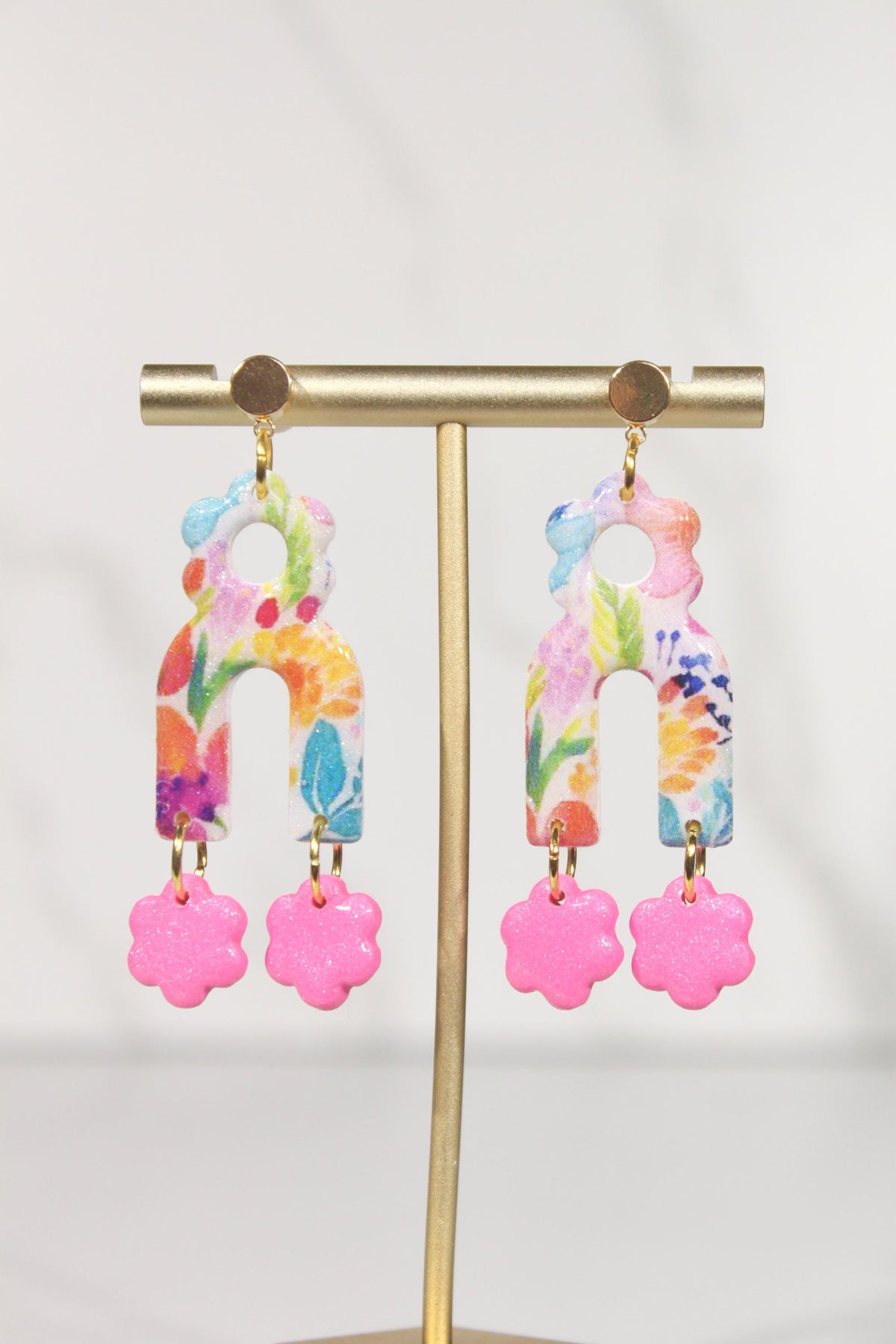 Colorful Floral Statement Earrings, Polymer Clay Earrings, Bright Flower Dangle Earrings, Pink Orange Blue Earrings, Handmade Jewelry