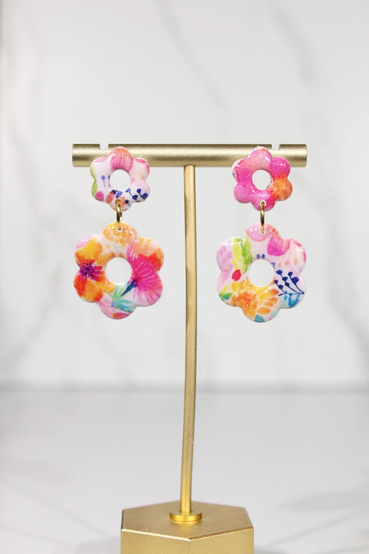 Colorful Floral Statement Earrings, Polymer Clay Earrings, Bright Flower Dangle Earrings, Pink Orange Blue Earrings, Handmade Jewelry