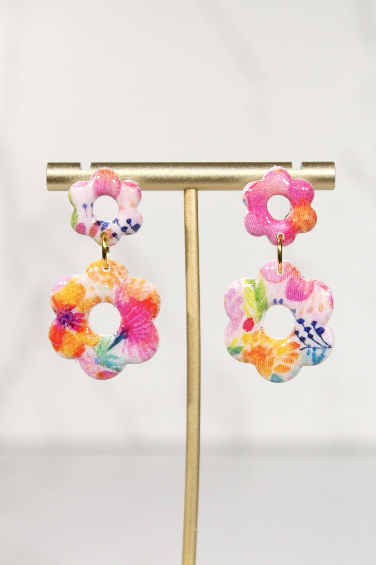 Colorful Floral Statement Earrings, Polymer Clay Earrings, Bright Flower Dangle Earrings, Pink Orange Blue Earrings, Handmade Jewelry