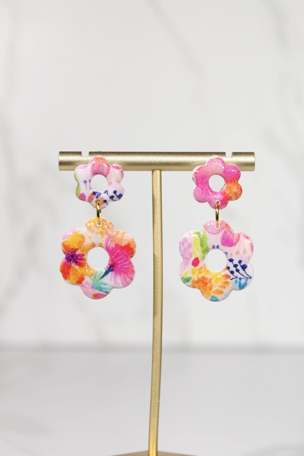 Colorful Floral Statement Earrings, Polymer Clay Earrings, Bright Flower Dangle Earrings, Pink Orange Blue Earrings, Handmade Jewelry
