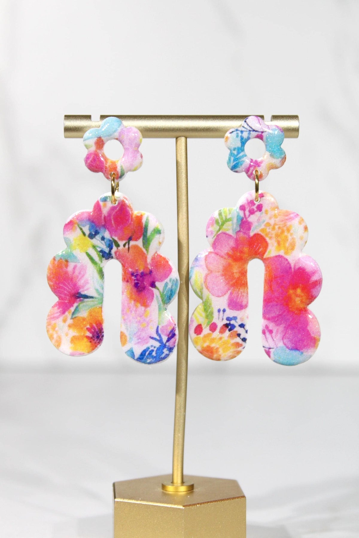 Colorful Floral Statement Earrings, Polymer Clay Earrings, Bright Flower Dangle Earrings, Pink Orange Blue Earrings, Handmade Jewelry