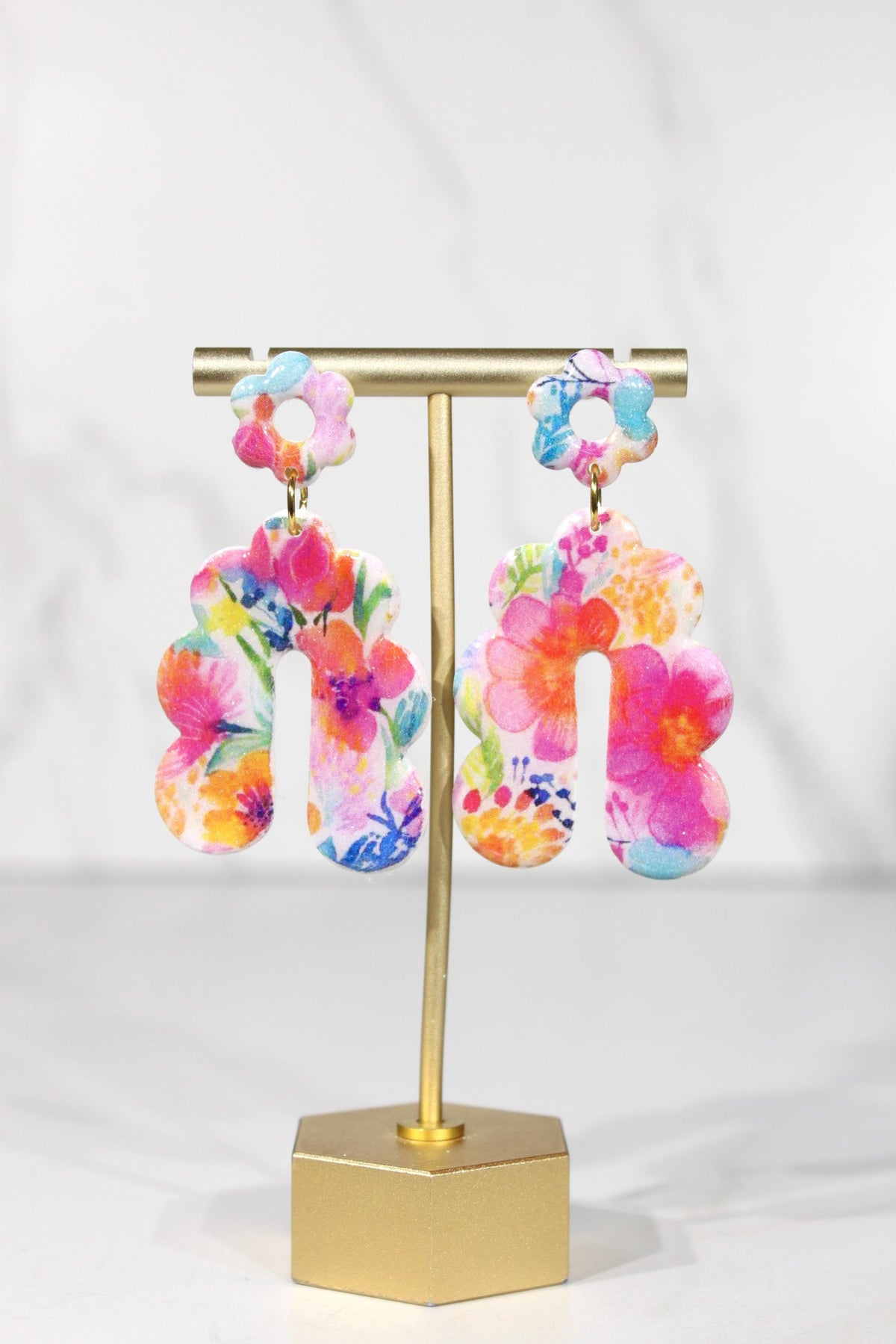 Colorful Floral Statement Earrings, Polymer Clay Earrings, Bright Flower Dangle Earrings, Pink Orange Blue Earrings, Handmade Jewelry