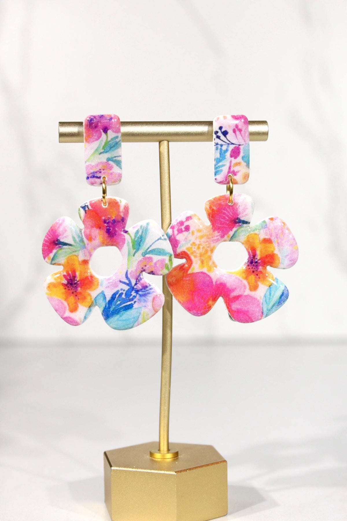 Colorful Floral Statement Earrings, Polymer Clay Earrings, Bright Flower Dangle Earrings, Pink Orange Blue Earrings, Handmade Jewelry