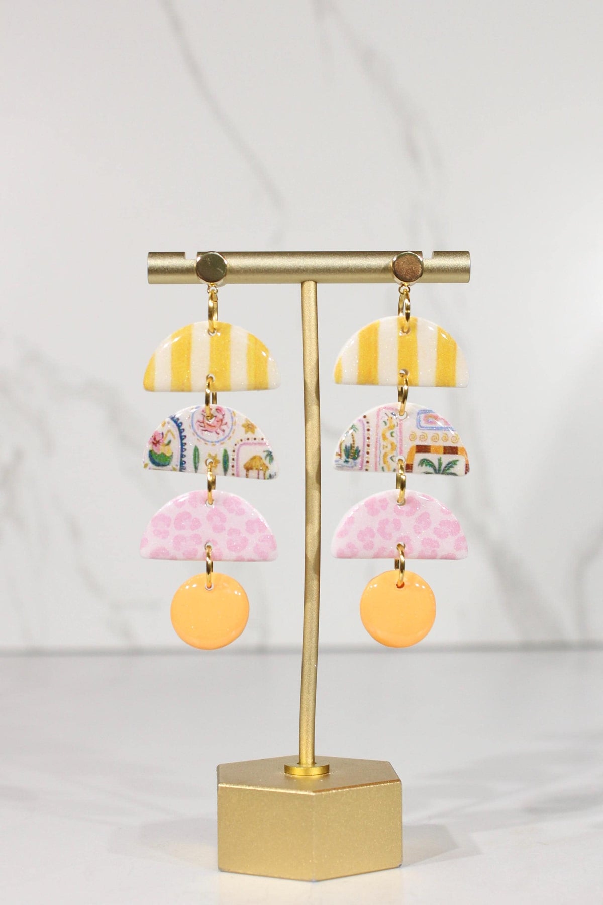 Colorful Polymer Clay Statement Earrings, Patterned Dangle Earrings, Pink Yellow Orange Earrings, Handmade Clay Jewelry