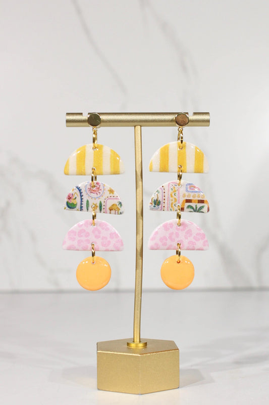 Colorful Polymer Clay Statement Earrings, Patterned Dangle Earrings, Pink Yellow Orange Earrings, Handmade Clay Jewelry