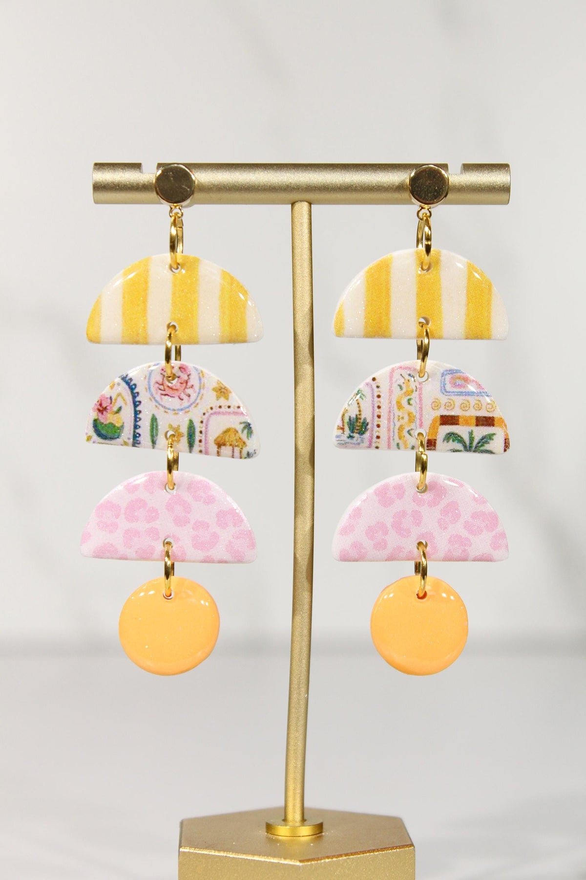 Colorful Polymer Clay Statement Earrings, Patterned Dangle Earrings, Pink Yellow Orange Earrings, Handmade Clay Jewelry