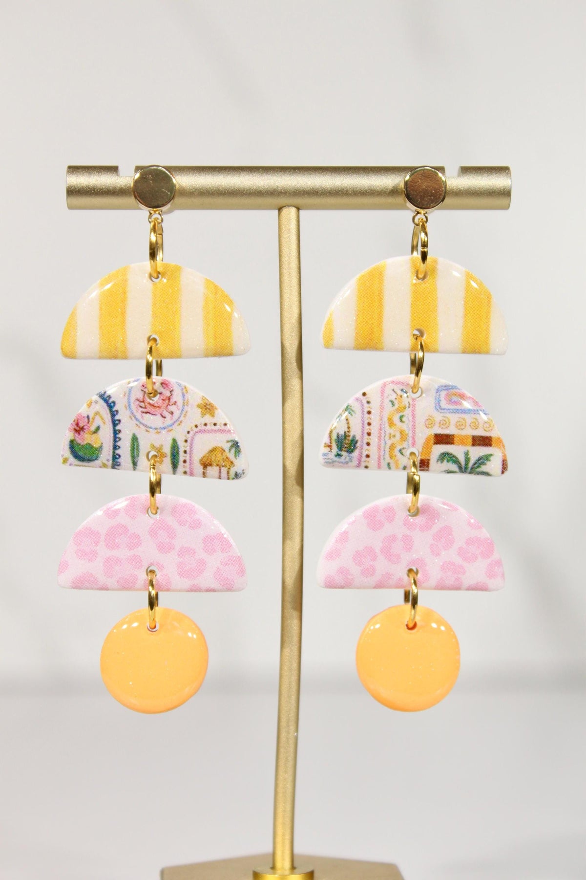 Colorful Polymer Clay Statement Earrings, Patterned Dangle Earrings, Pink Yellow Orange Earrings, Handmade Clay Jewelry