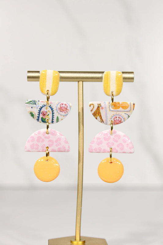 Colorful Polymer Clay Statement Earrings, Patterned Dangle Earrings, Pink Yellow Orange Earrings, Handmade Clay Jewelry