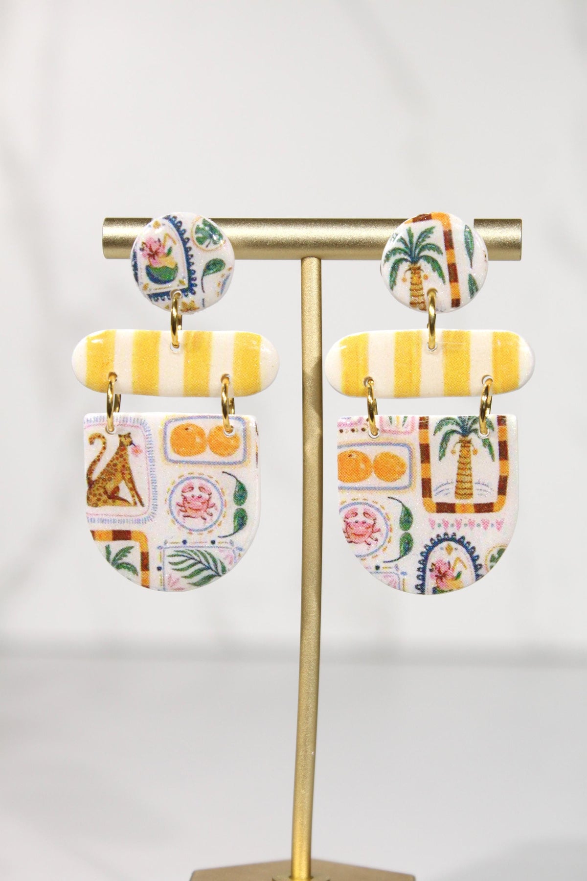 Colorful Polymer Clay Statement Earrings, Patterned Dangle Earrings, Pink Yellow Orange Earrings, Handmade Clay Jewelry