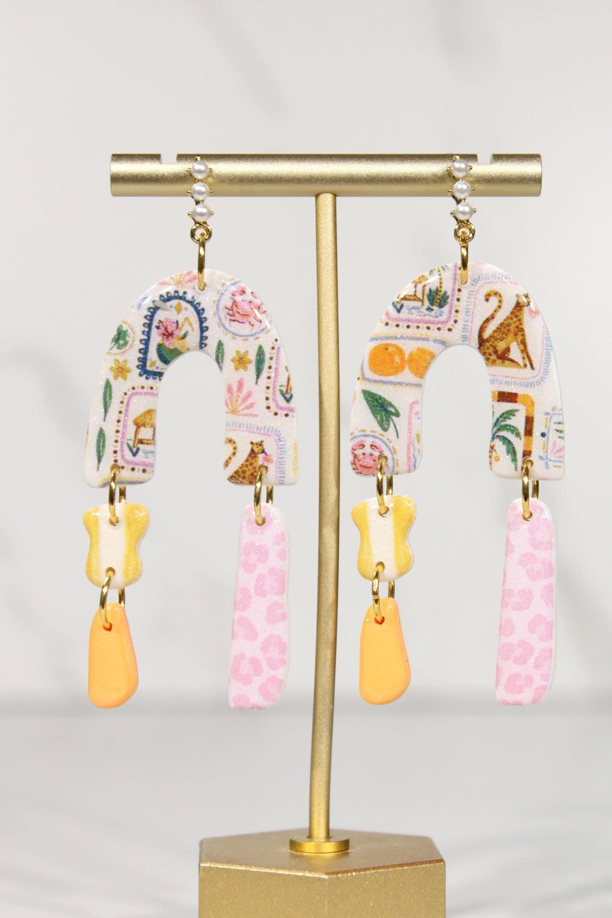 Colorful Polymer Clay Statement Earrings, Patterned Dangle Earrings, Pink Yellow Orange Earrings, Handmade Clay Jewelry