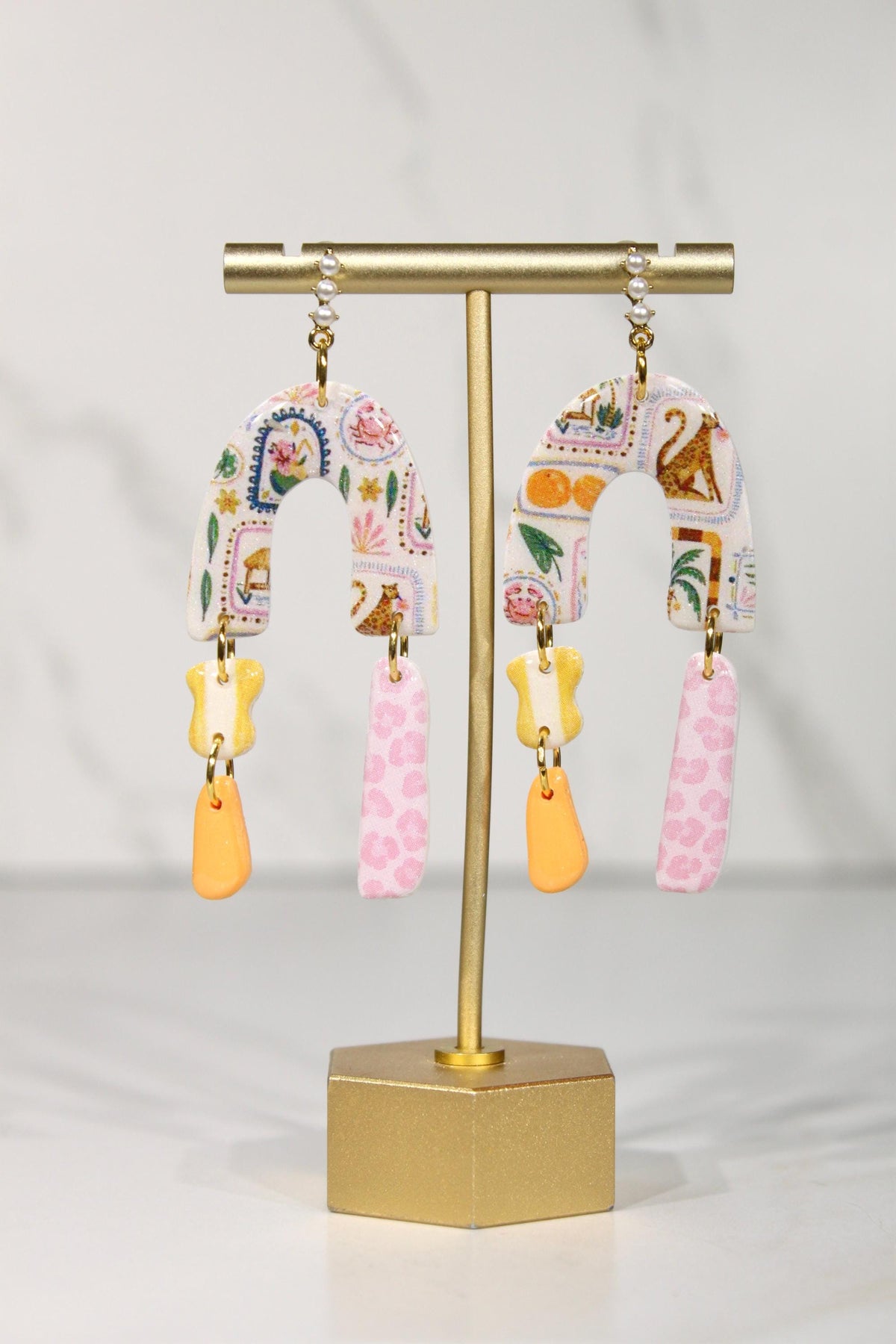 Colorful Polymer Clay Statement Earrings, Patterned Dangle Earrings, Pink Yellow Orange Earrings, Handmade Clay Jewelry