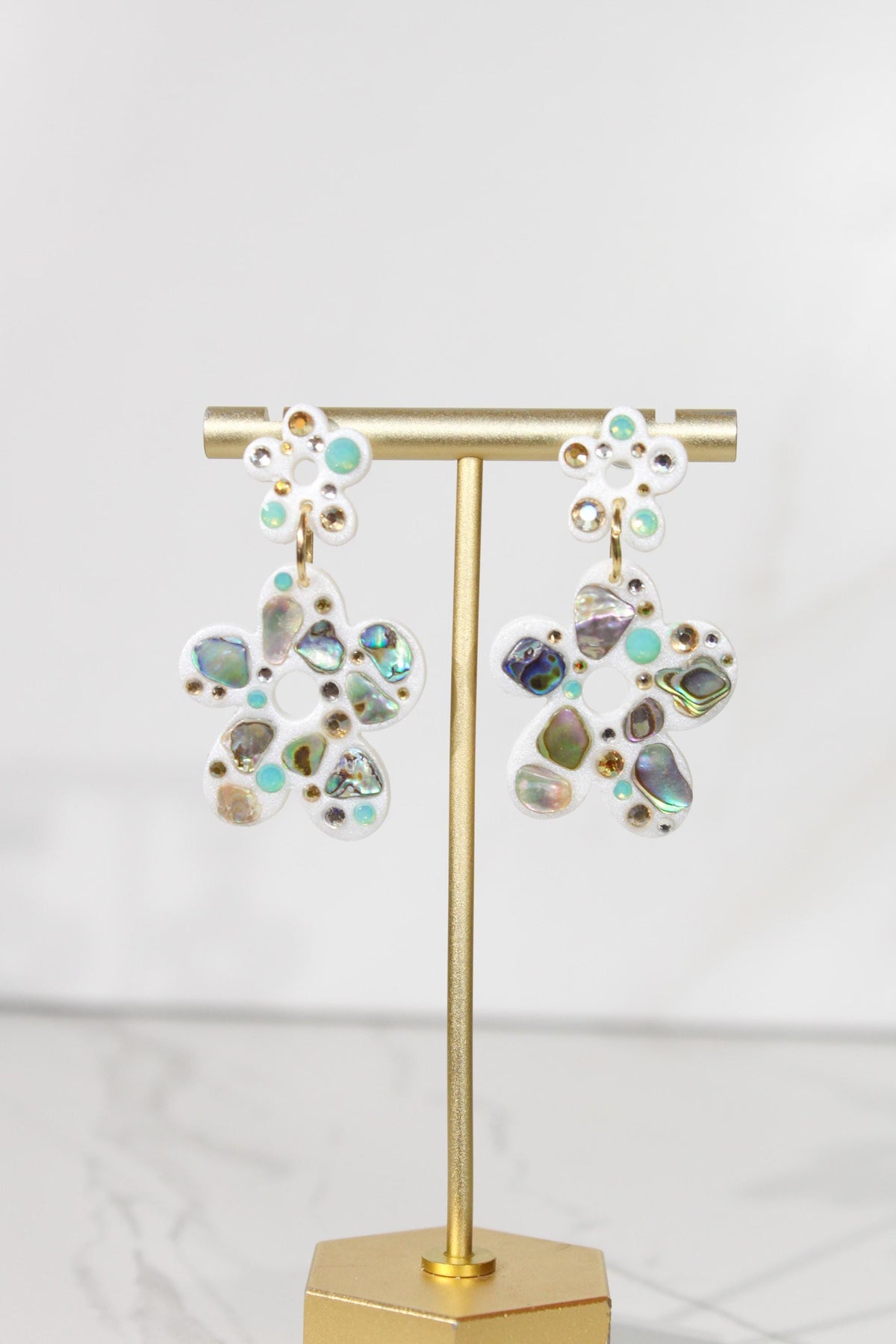Abalone Shell Flower Earrings, Rhinestone Floral Dangles, Iridescent Statement Jewelry