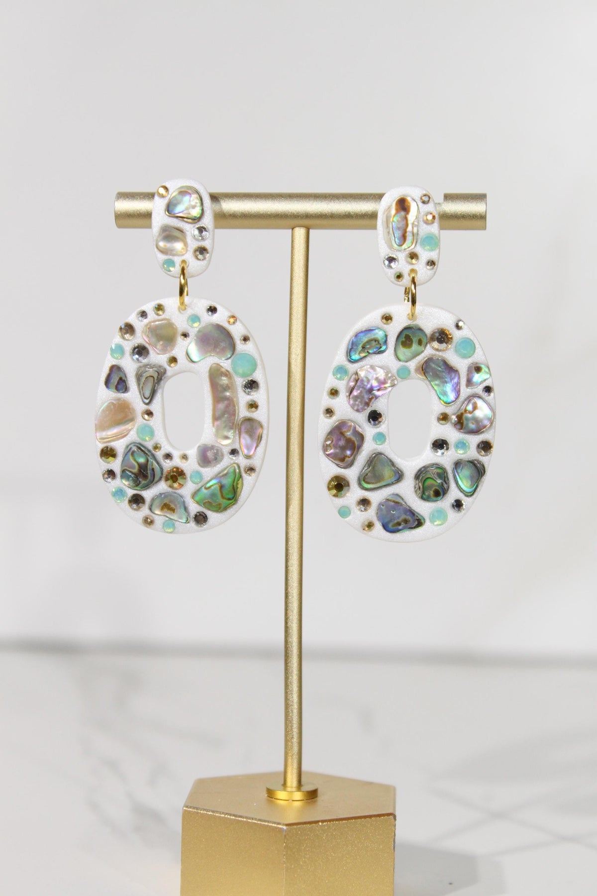 Abalone Shell Statement Earrings, Iridescent Rhinestone Dangles, Pearl White Handmade Jewelry