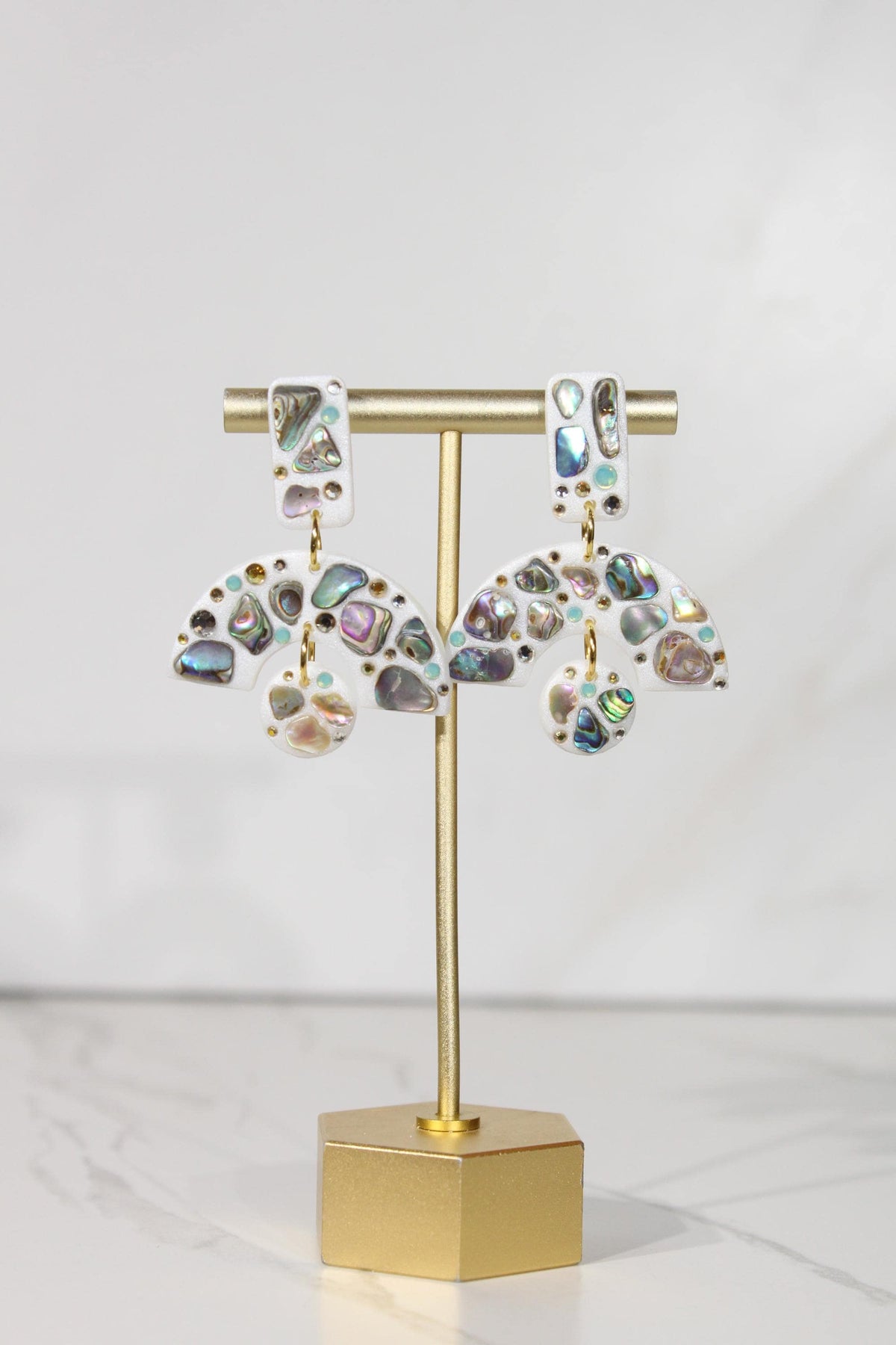 Abalone Shell Statement Earrings, Iridescent Rhinestone Dangles, Abstract Handmade Jewelry