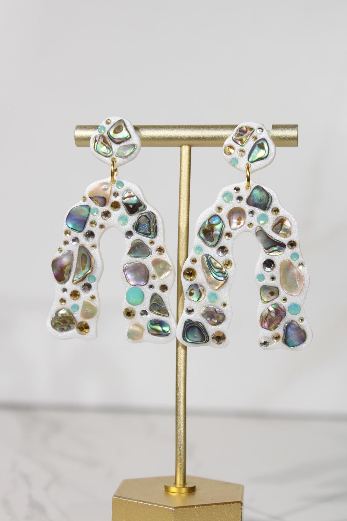 Abalone Shell Statement Earrings, Iridescent Rhinestone Arch Dangles, Colorful Handmade Jewelry