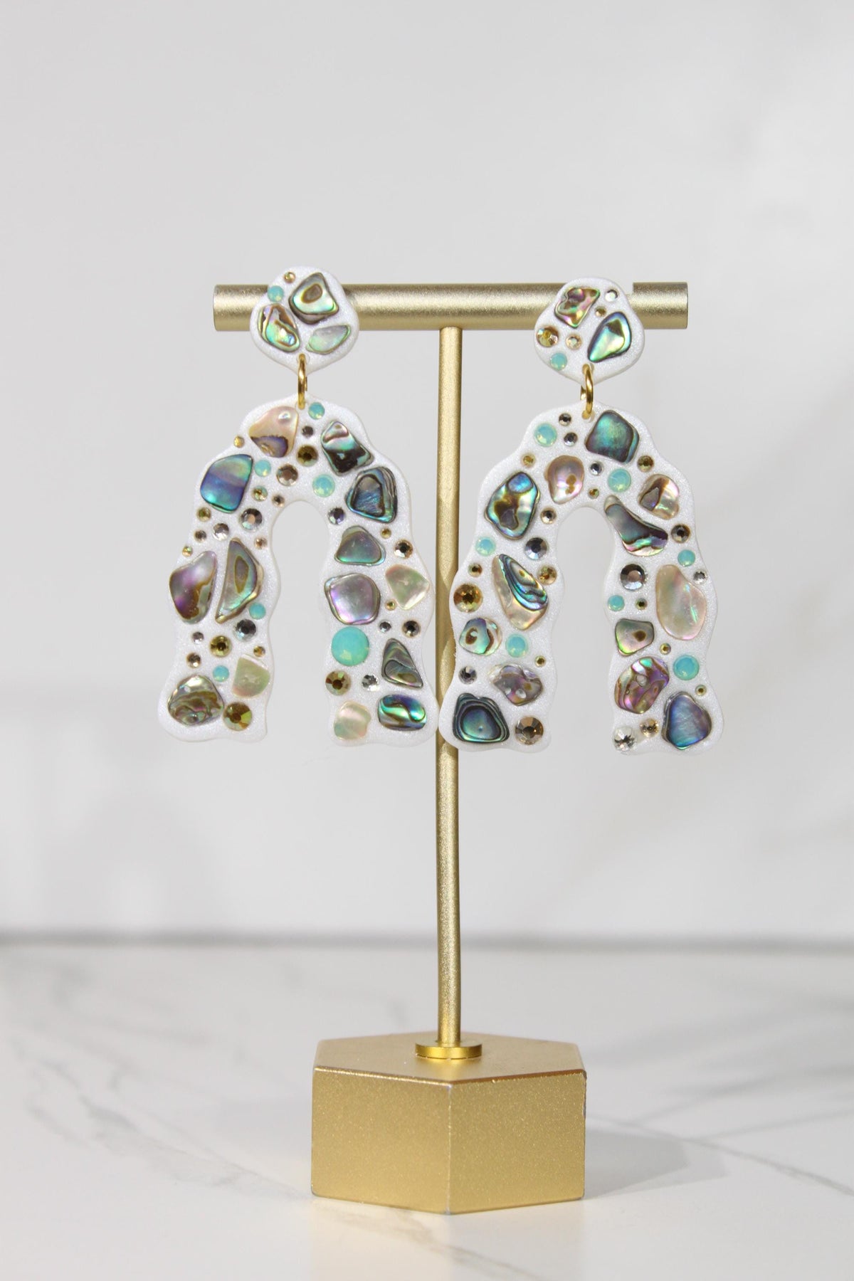 Abalone Shell Statement Earrings, Iridescent Rhinestone Arch Dangles, Colorful Handmade Jewelry