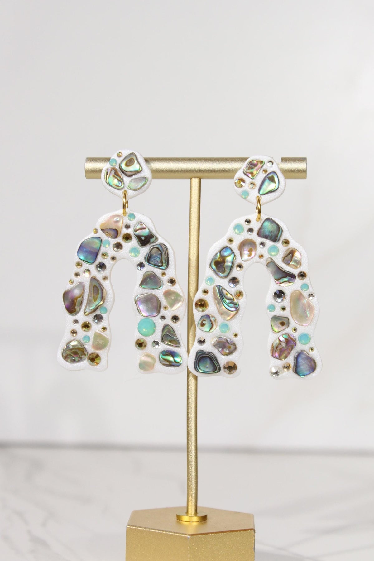 Abalone Shell Statement Earrings, Iridescent Rhinestone Arch Dangles, Colorful Handmade Jewelry