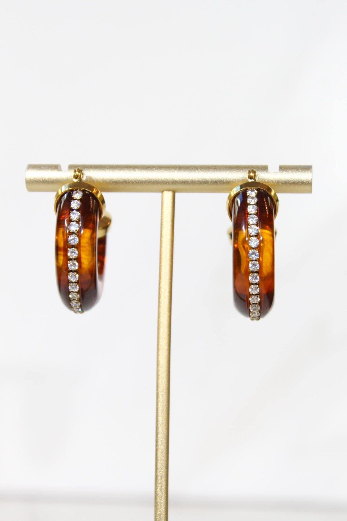 Tortoise Rhinestone Hoop Earrings, Chunky Amber Statement Hoops, Gold Sparkle Jewelry