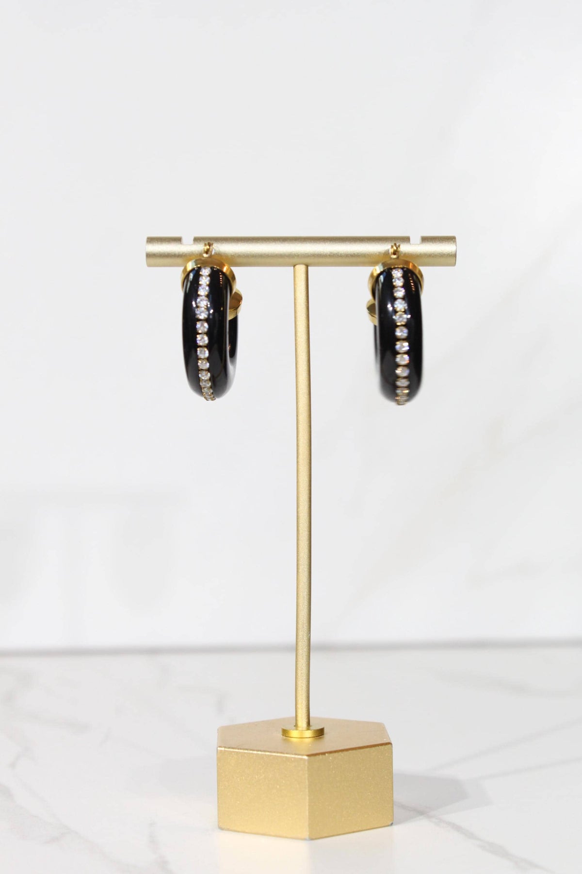 Black Rhinestone Hoop Earrings, Chunky Statement Hoops, Gold Sparkle Jewelry