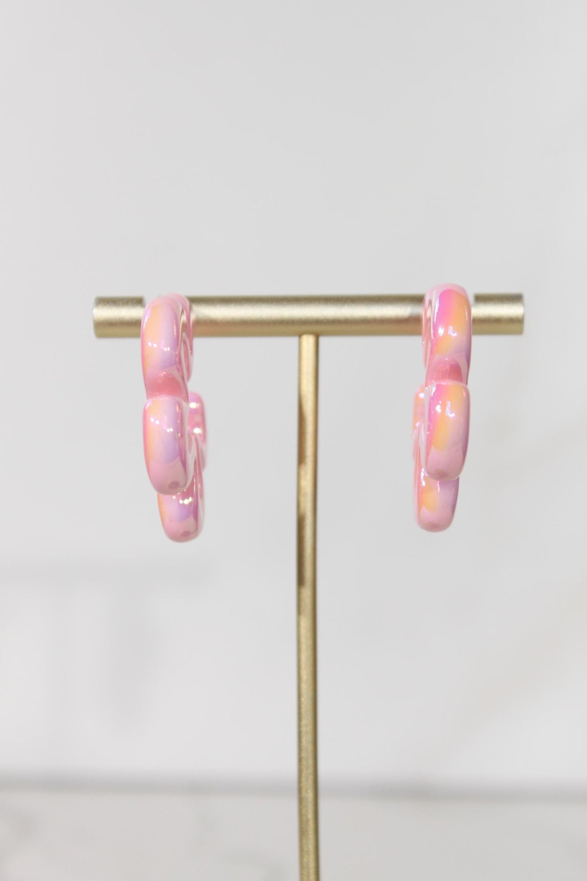 Iridescent Pink Wavy Flower Hoop Earrings | High-Gloss Shimmer Flower Hoops | Pastel Statement Jewelry | Modern Coastal Dangles