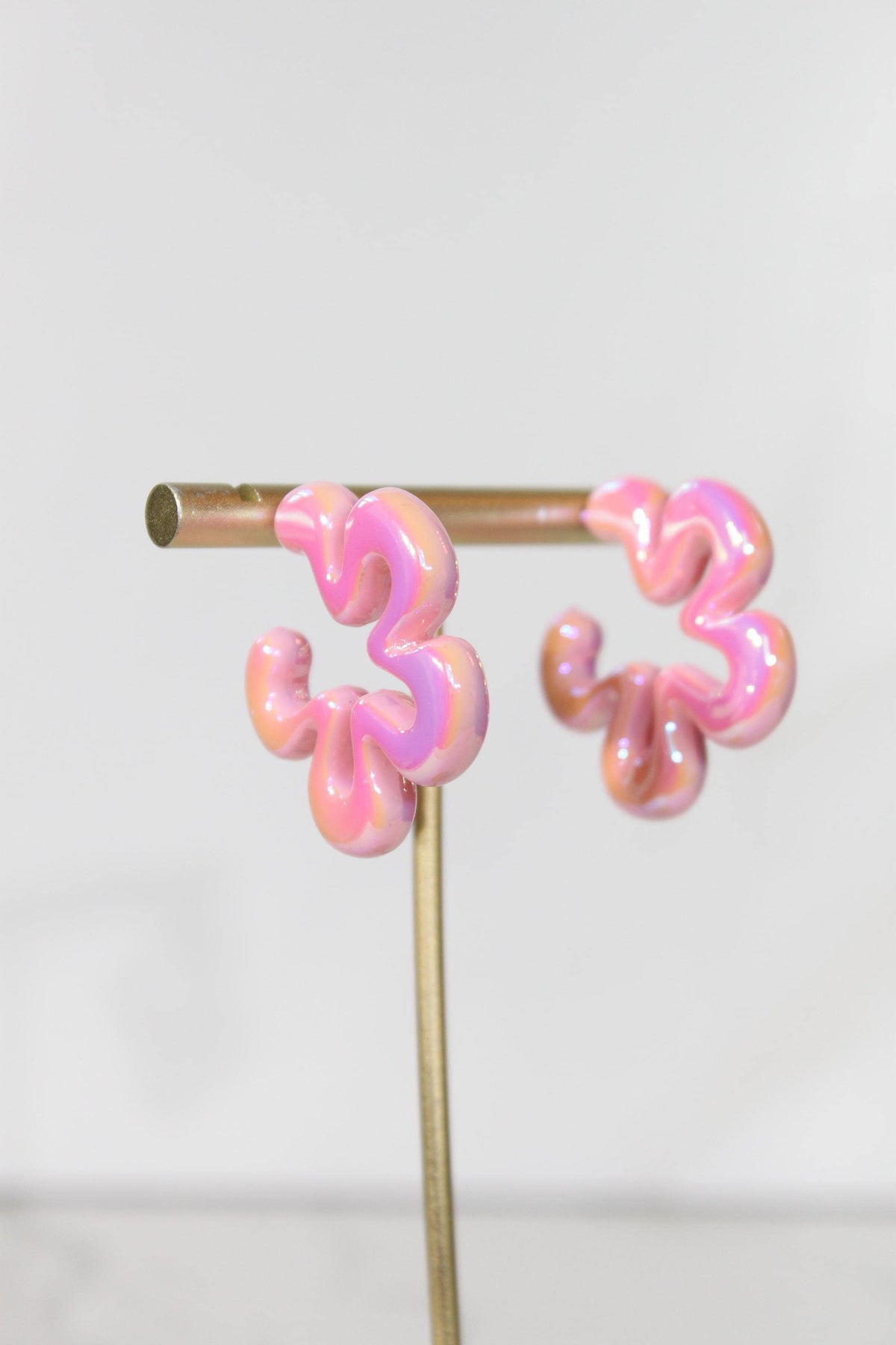 Iridescent Pink Wavy Flower Hoop Earrings | High-Gloss Shimmer Flower Hoops | Pastel Statement Jewelry | Modern Coastal Dangles