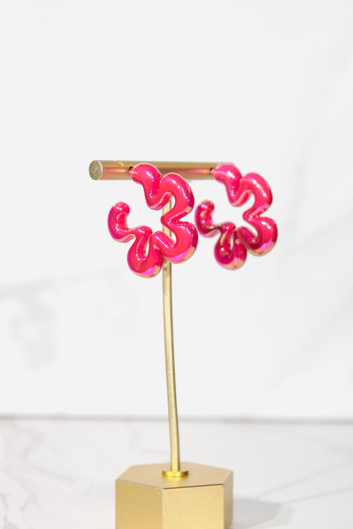 Iridescent Hot Pink Wavy Flower Hoop Earrings | High-Gloss Shimmer Flower Hoops | Pastel Statement Jewelry