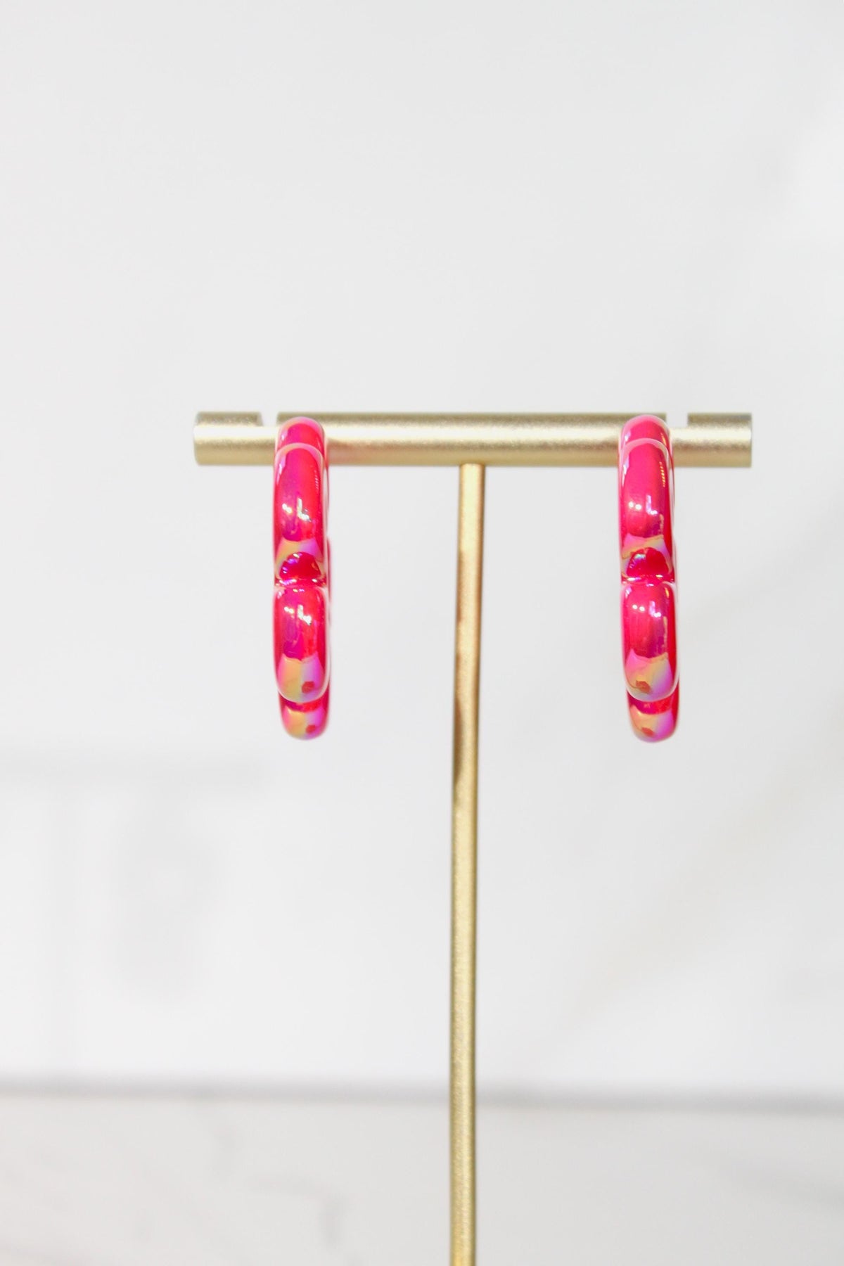 Iridescent Hot Pink Wavy Flower Hoop Earrings | High-Gloss Shimmer Flower Hoops | Pastel Statement Jewelry