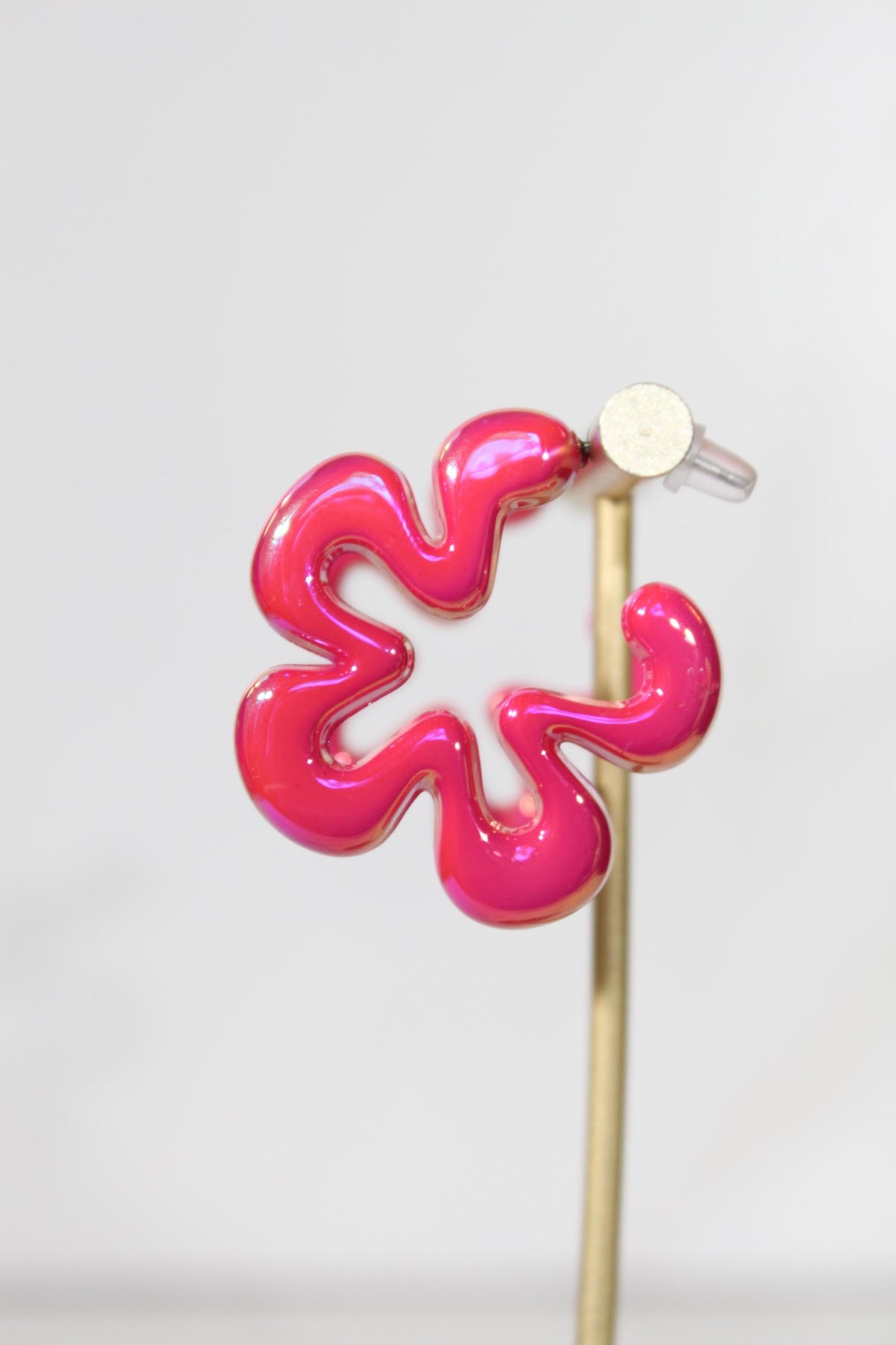 Iridescent Hot Pink Wavy Flower Hoop Earrings | High-Gloss Shimmer Flower Hoops | Pastel Statement Jewelry