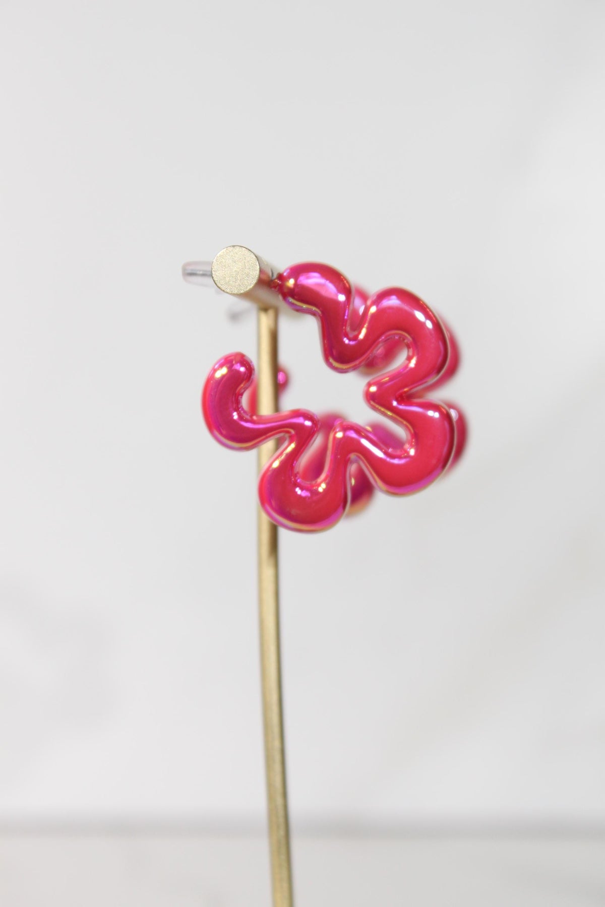 Iridescent Hot Pink Wavy Flower Hoop Earrings | High-Gloss Shimmer Flower Hoops | Pastel Statement Jewelry