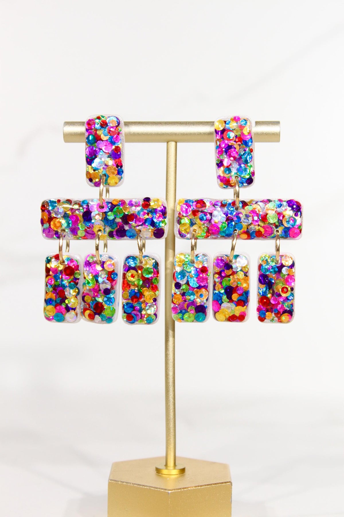 Colorful Confetti Statement Earrings | Multicolor Glitter Dangles | Geometric Handmade Jewelry