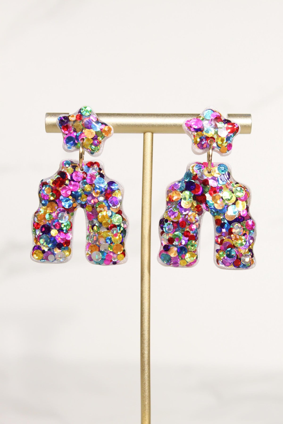 Colorful Confetti Arch Earrings | Rainbow Glitter Statement Dangles