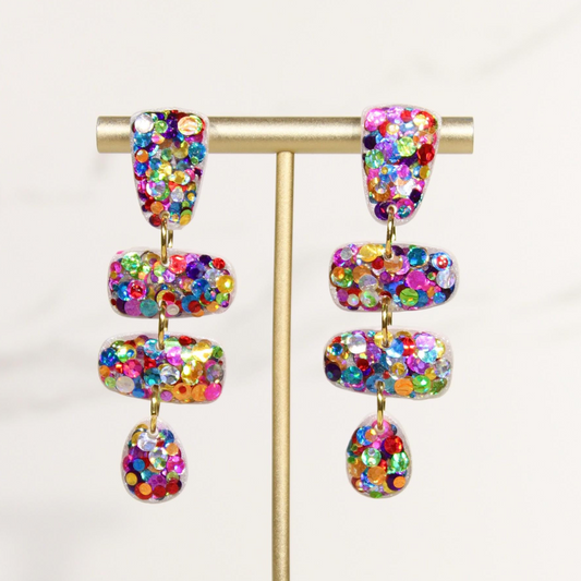Colorful Confetti Geometric Earrings | Rainbow Glitter Dangles | Handmade Statement Jewelry