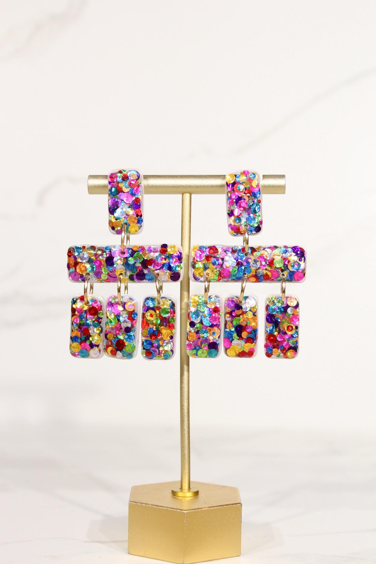Colorful Confetti Statement Earrings | Multicolor Glitter Dangles | Geometric Handmade Jewelry