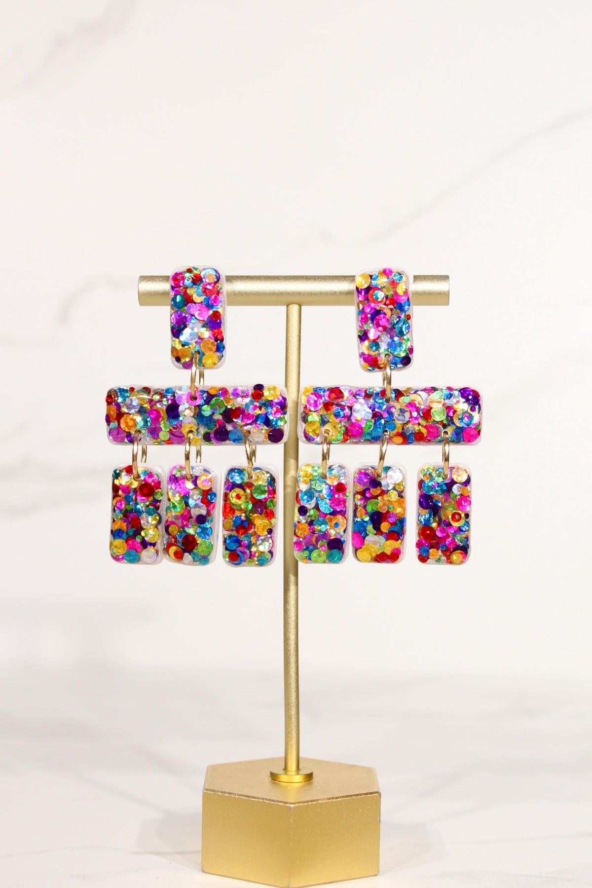 Colorful Confetti Statement Earrings | Multicolor Glitter Dangles | Geometric Handmade Jewelry