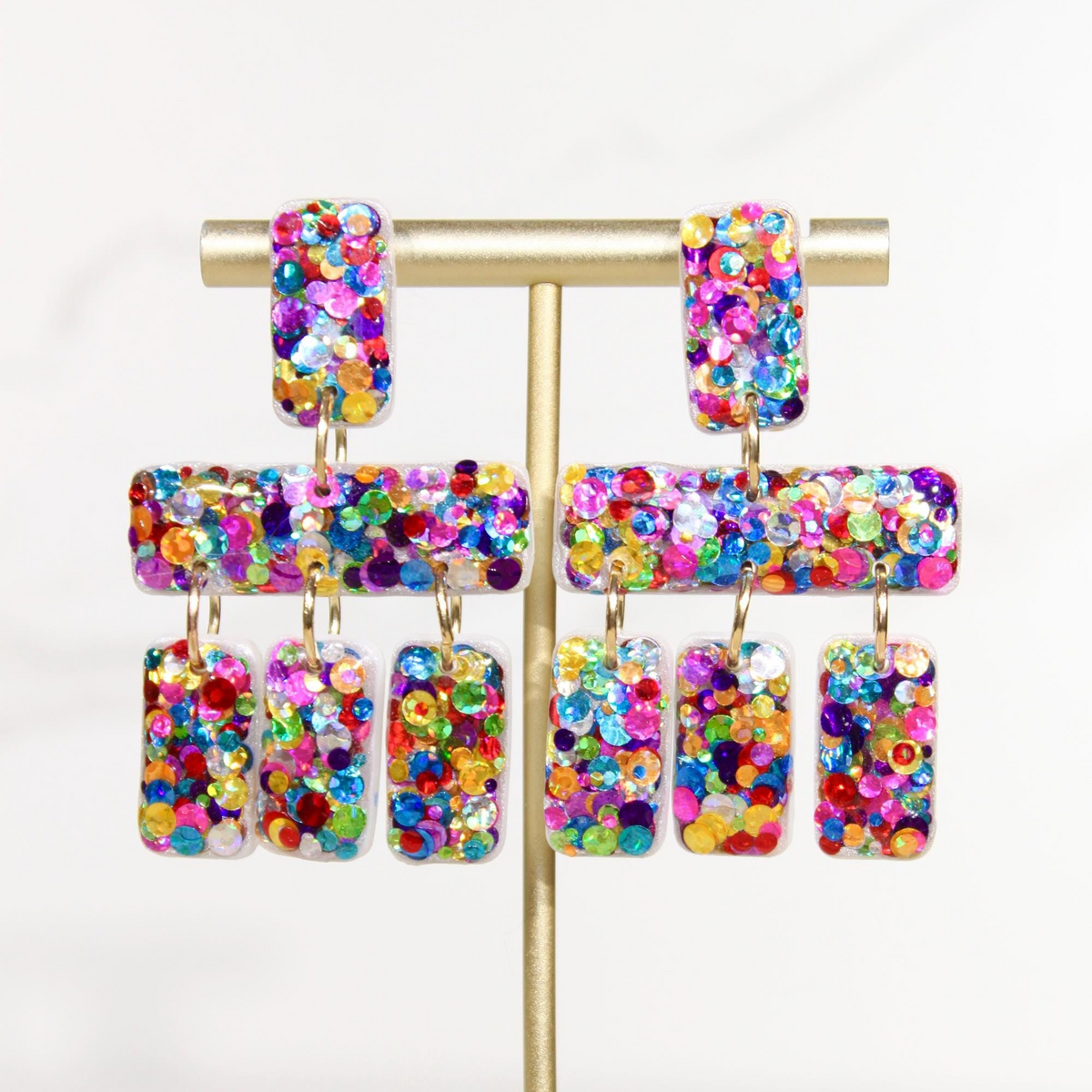 Colorful Confetti Statement Earrings | Multicolor Glitter Dangles | Geometric Handmade Jewelry