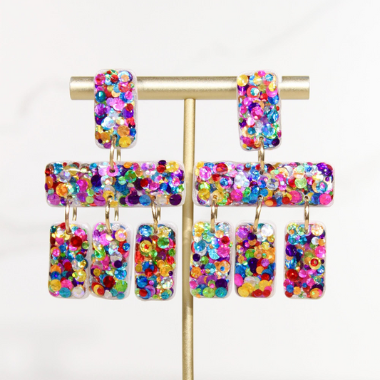 Colorful Confetti Statement Earrings | Multicolor Glitter Dangles | Geometric Handmade Jewelry