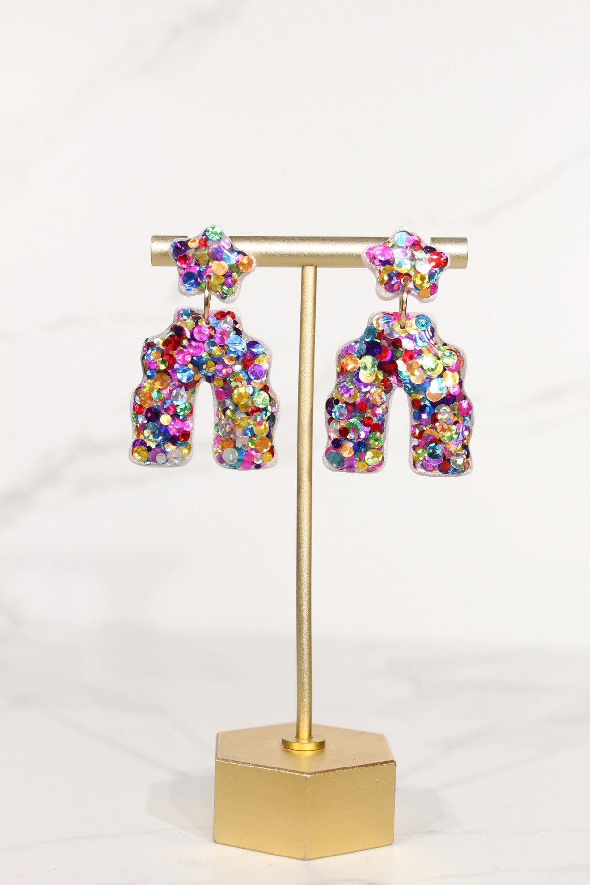 Colorful Confetti Arch Earrings | Rainbow Glitter Statement Dangles
