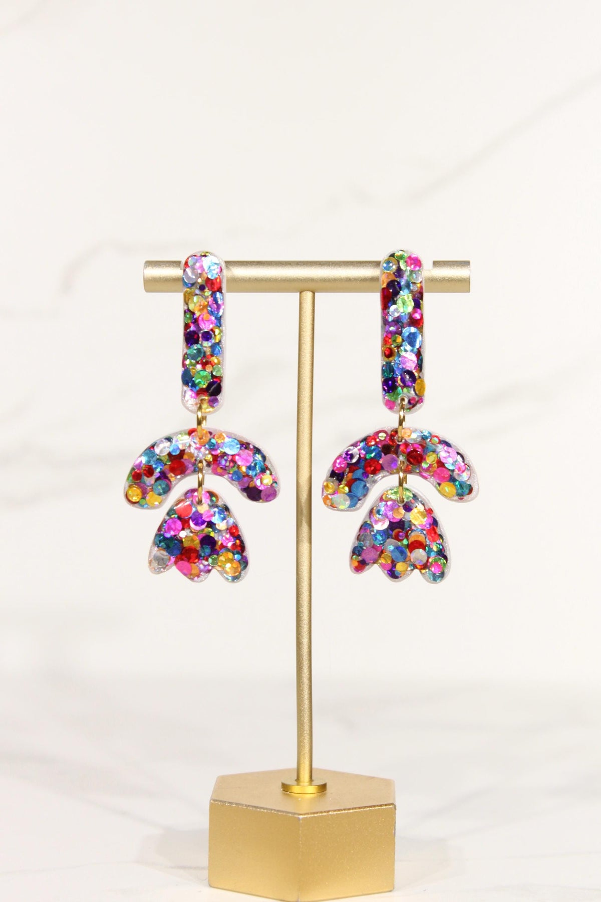 Colorful Confetti Arch Earrings | Rainbow Glitter Statement Dangles