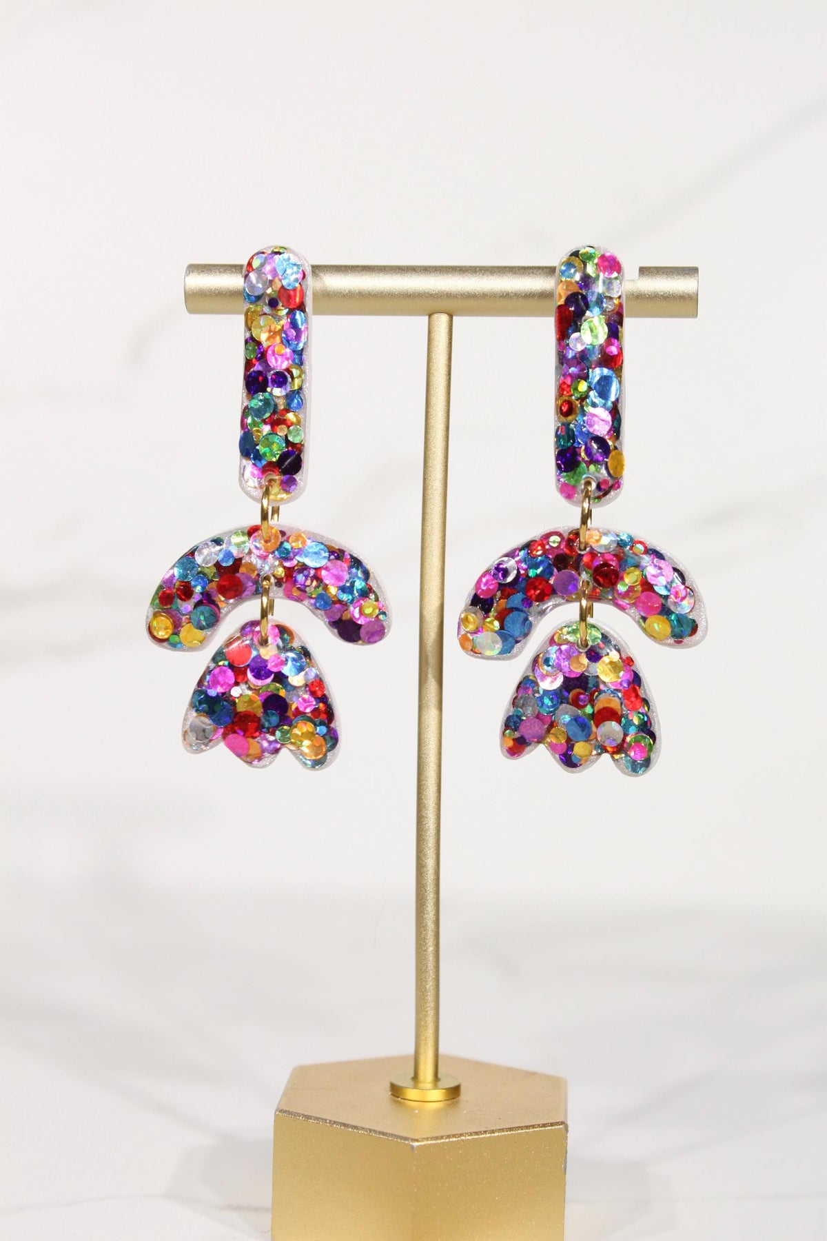 Colorful Confetti Arch Earrings | Rainbow Glitter Statement Dangles