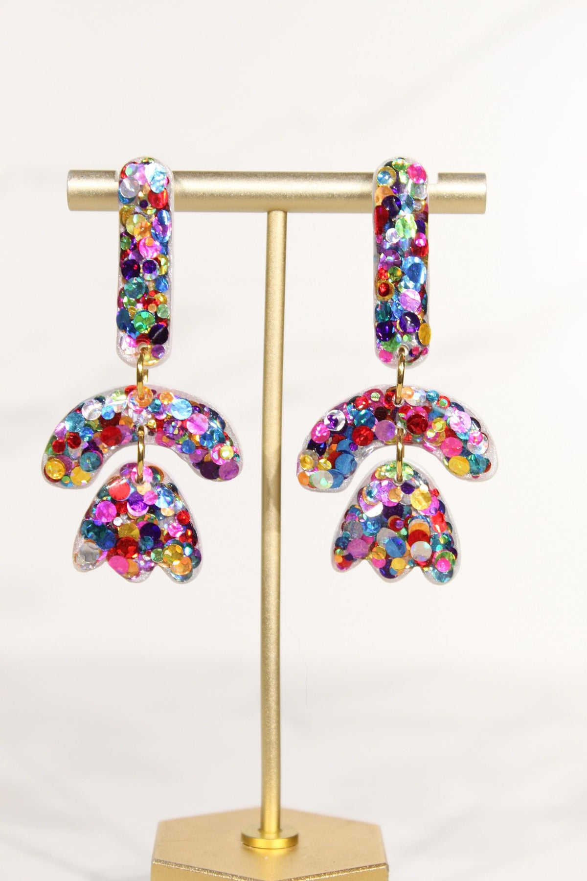 Colorful Confetti Arch Earrings | Rainbow Glitter Statement Dangles
