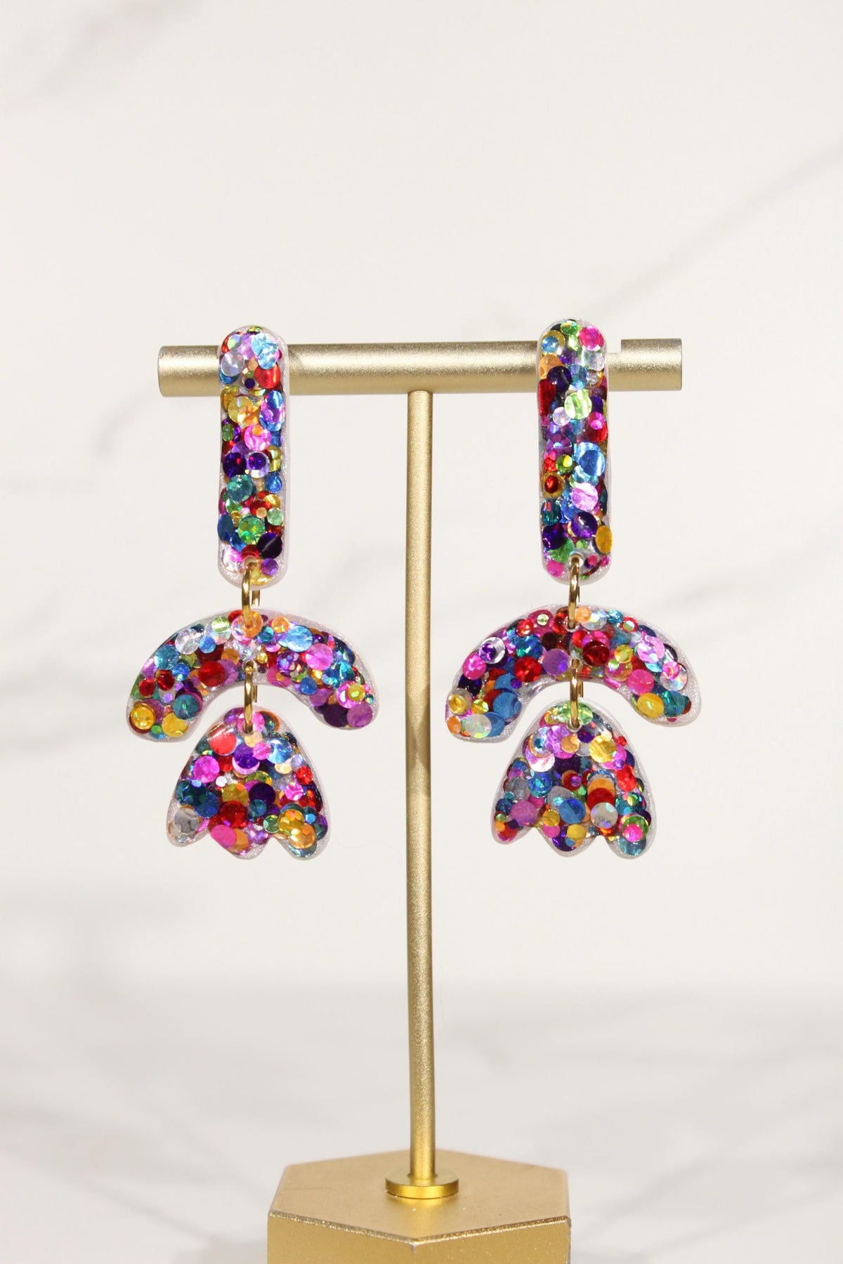 Colorful Confetti Arch Earrings | Rainbow Glitter Statement Dangles