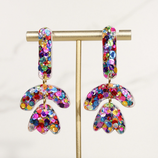Colorful Confetti Arch Earrings | Rainbow Glitter Statement Dangles