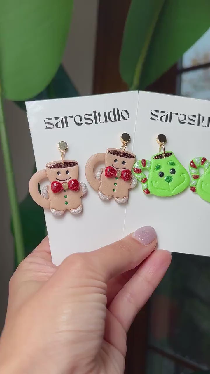 Polymer Clay Christmas Mug Earrings - Hot Cocoa Snowman Reindeer Grinch Designs