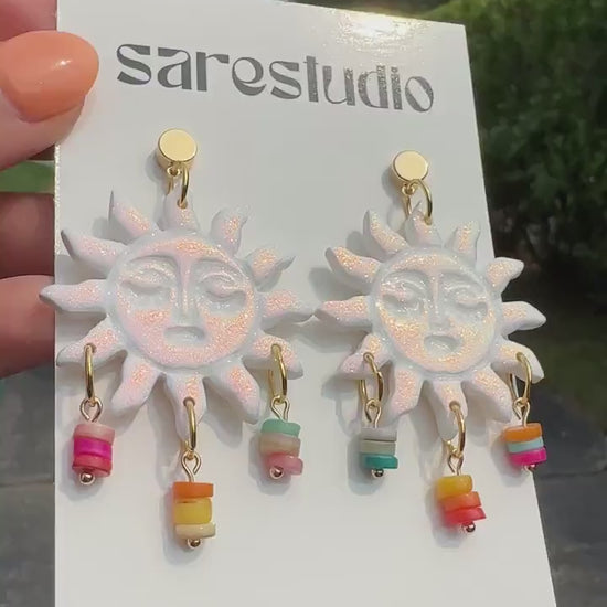 Iridescent Sun Earrings, Celestial Statement Earrings, Pastel Dangle Earrings, Colorful Sun Jewelry, Whimsical Festival Earrings