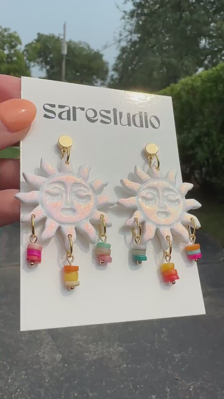 Iridescent Sun Earrings, Celestial Statement Earrings, Pastel Dangle Earrings, Colorful Sun Jewelry, Whimsical Festival Earrings