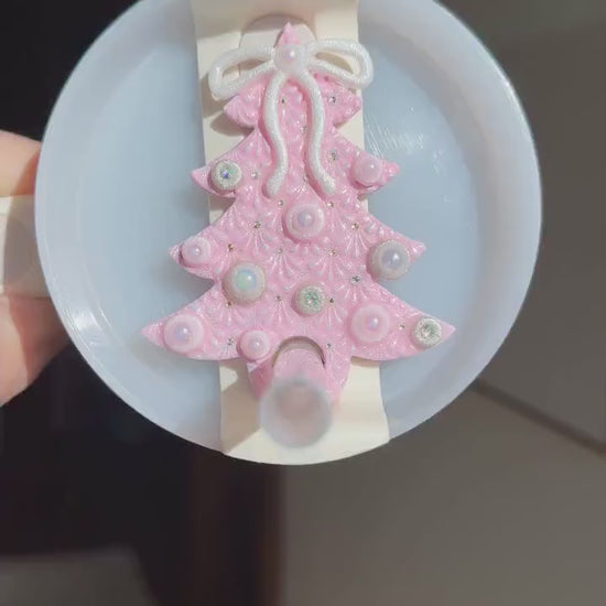 Pink Christmas Tree Stanley Topper - Coquette Bow Straw Topper 30oz 40oz