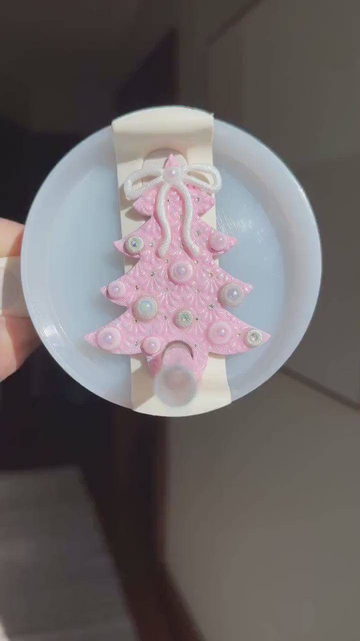 Pink Christmas Tree Stanley Topper - Coquette Bow Straw Topper 30oz 40oz