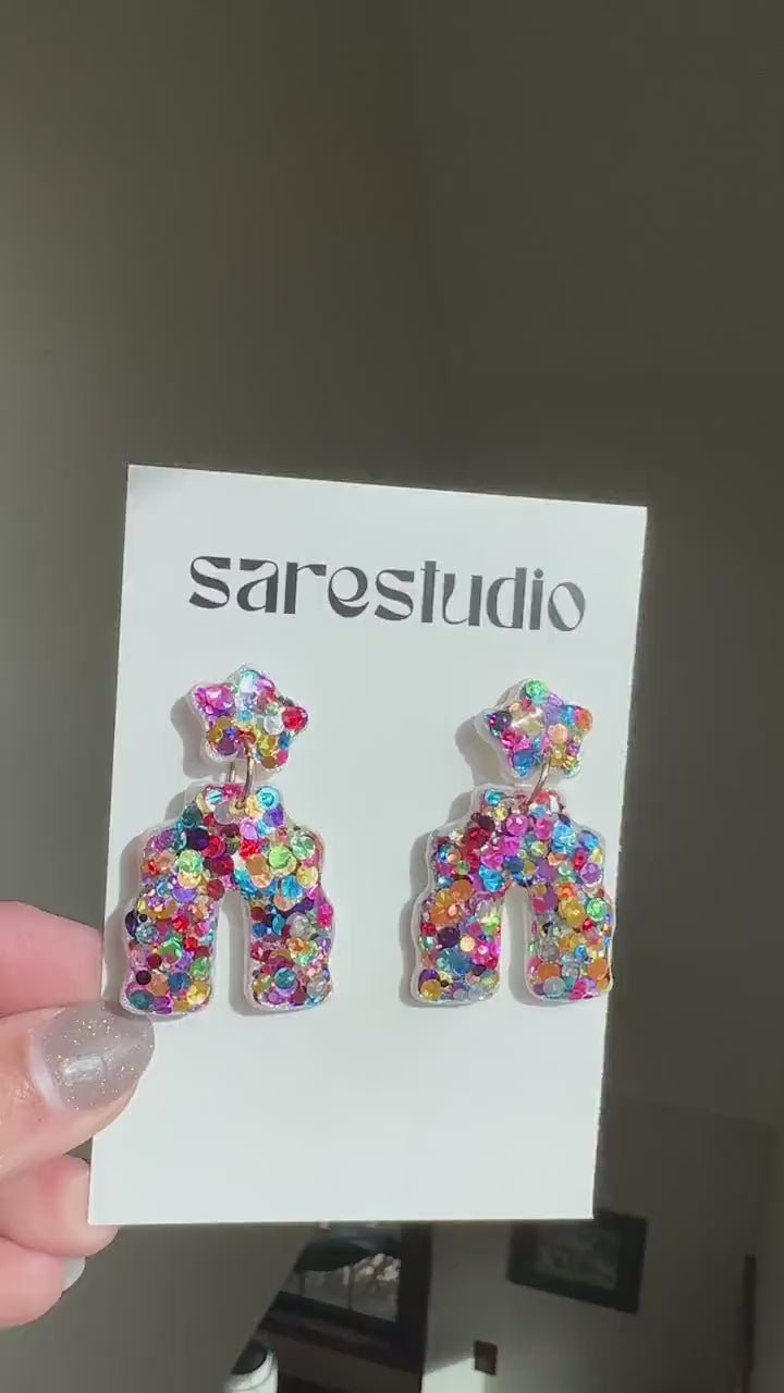 Colorful Confetti Arch Earrings | Rainbow Glitter Statement Dangles