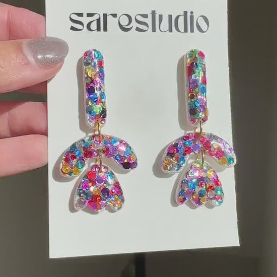 Colorful Confetti Arch Earrings | Rainbow Glitter Statement Dangles