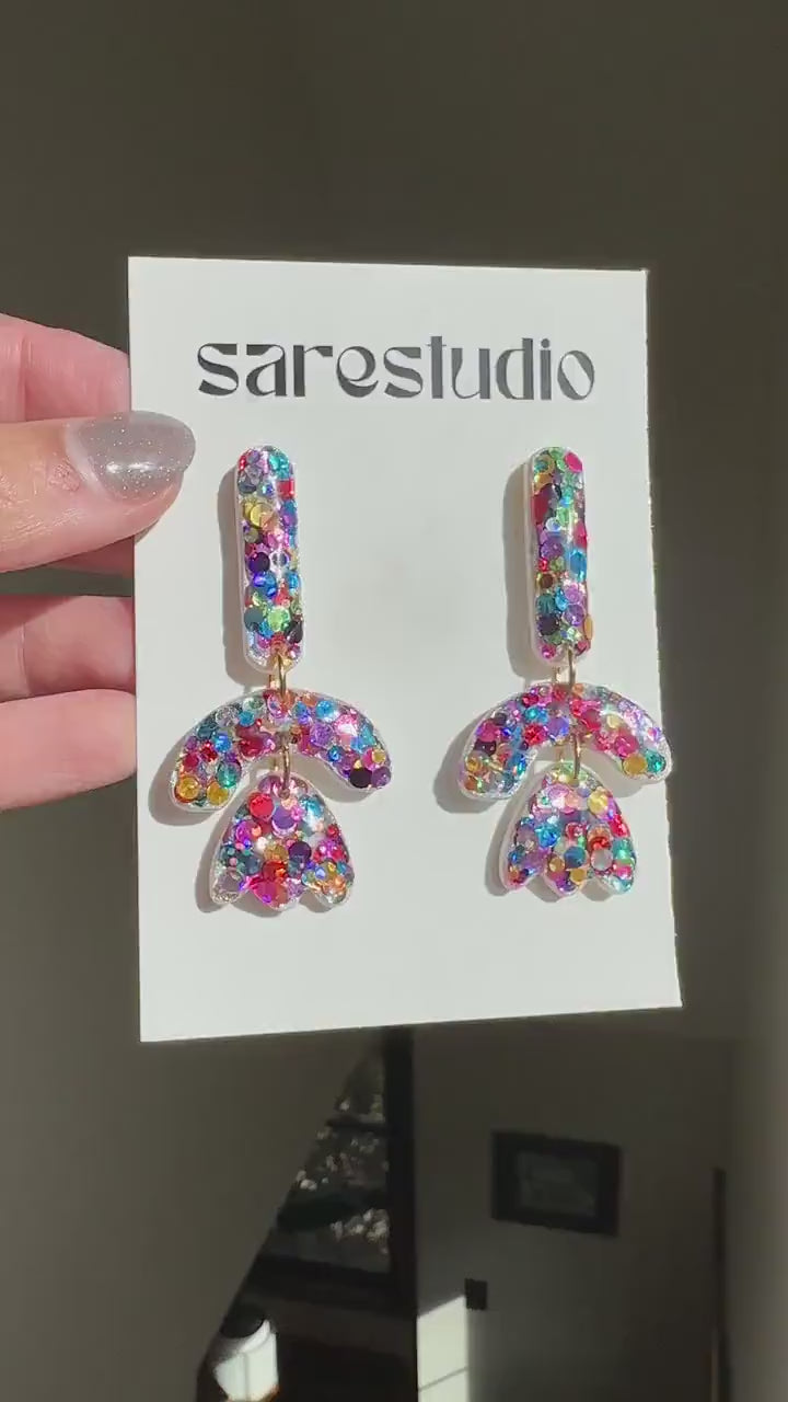 Colorful Confetti Arch Earrings | Rainbow Glitter Statement Dangles